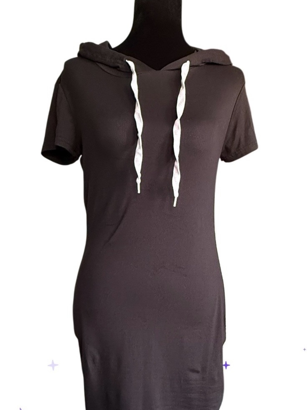 J for Justify Black Short-Sleeve Hooded Tunic with White Drawstrings